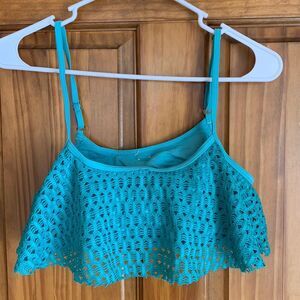 2/$22 Roxy Ruffle Mesh Eyelet Western Ruffle Turquoise Modest Bikini Swim Top